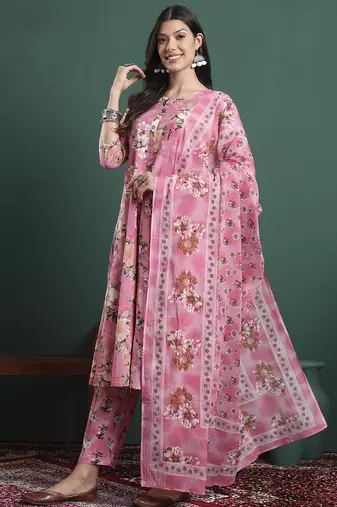 pink floral print a-line maternity kurta trouser dupatta set