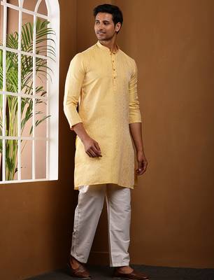 Men yellow embroidered kurta with white pyjama set 4