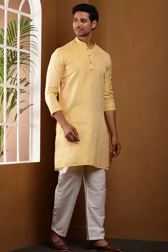 Men yellow embroidered kurta with white pyjama set
