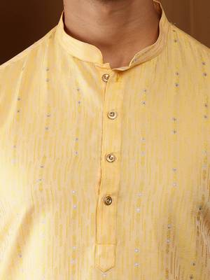 Men yellow embroidered kurta with white pyjama set 5