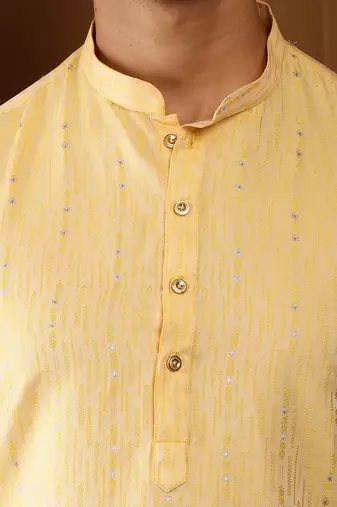 Men yellow embroidered kurta with white pyjama set