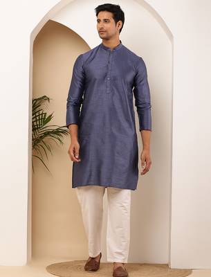 Men navy blue textured kurta with white pyjama set 1