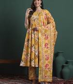 yellow floral print a-line maternity kurta trouser dupatta set