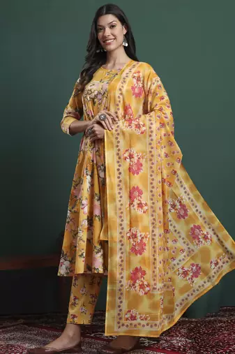 yellow floral print a-line maternity kurta trouser dupatta set