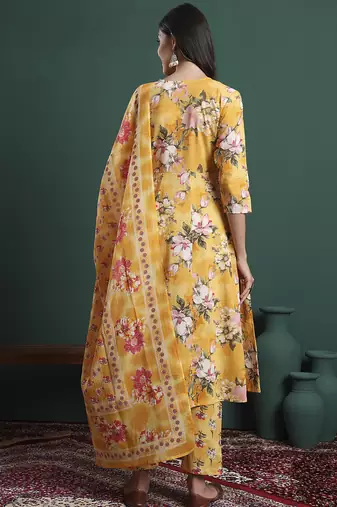 yellow floral print a-line maternity kurta trouser dupatta set