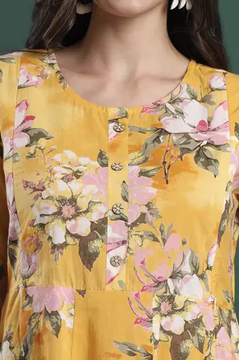 yellow floral print a-line maternity kurta trouser dupatta set