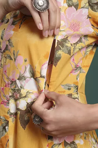 yellow floral print a-line maternity kurta trouser dupatta set