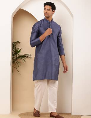 Men navy blue textured kurta with white pyjama set 5
