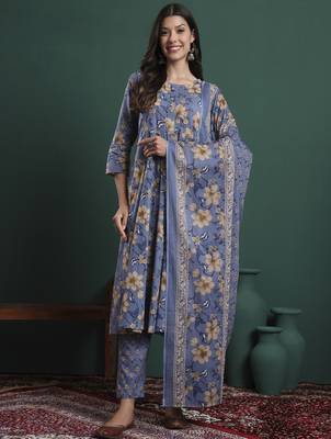 blue floral print maternity a-line kurta trouser dupatta set 1