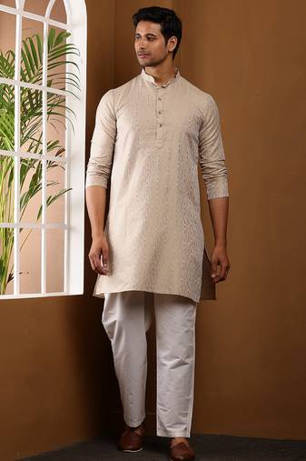 Men beige embroidered kurta with white pyjama set