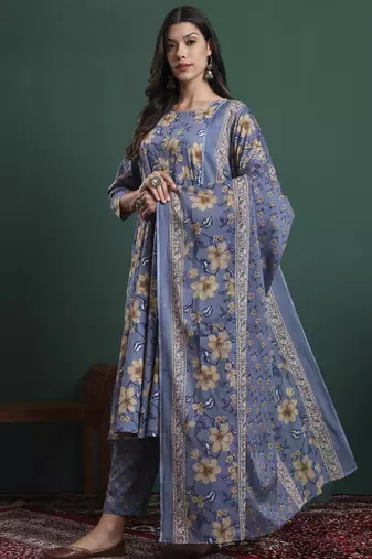 blue floral print maternity a-line kurta trouser dupatta set