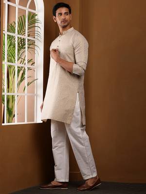 Men beige embroidered kurta with white pyjama set 2
