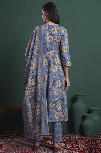 blue floral print maternity a-line kurta trouser dupatta set