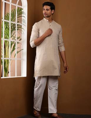 Men beige embroidered kurta with white pyjama set 4