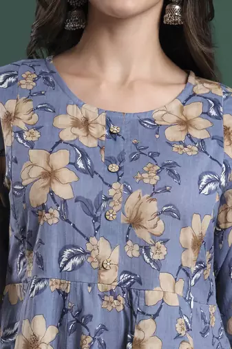blue floral print maternity a-line kurta trouser dupatta set