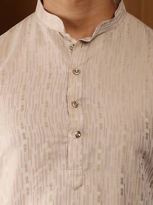 Men beige embroidered kurta with white pyjama set 5