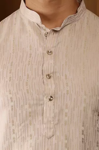 Men beige embroidered kurta with white pyjama set