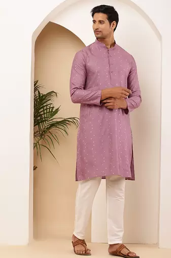 Men purple embroidered kurta with white pyjama set