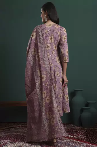 yellow floral print maternity a-line kurta trouser dupatta set