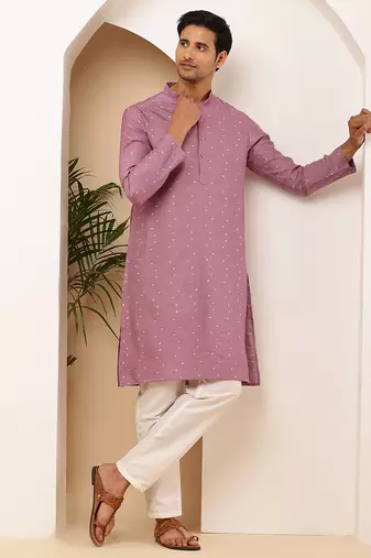 Men purple embroidered kurta with white pyjama set