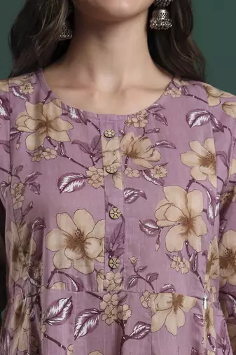 yellow floral print maternity a-line kurta trouser dupatta set