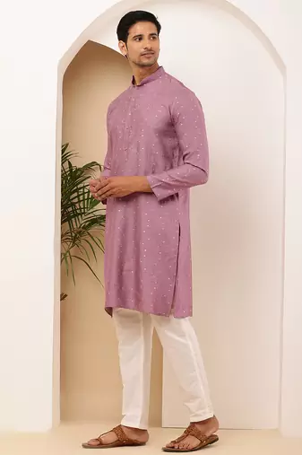 Men purple embroidered kurta with white pyjama set