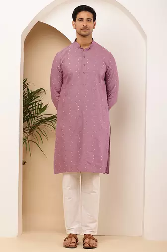 Men purple embroidered kurta with white pyjama set