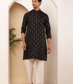 Men's black printed straight kurta with white churidar