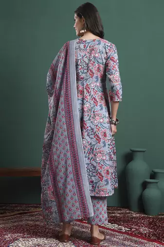grey floral print maternity a-line kurta trouser dupatta set