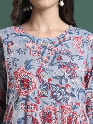 grey floral print maternity a-line kurta trouser dupatta set 4