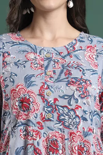 grey floral print maternity a-line kurta trouser dupatta set
