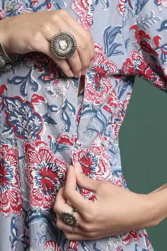 grey floral print maternity a-line kurta trouser dupatta set
