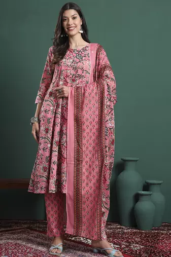 pink floral print maternity a-line kurta trouser dupatta set