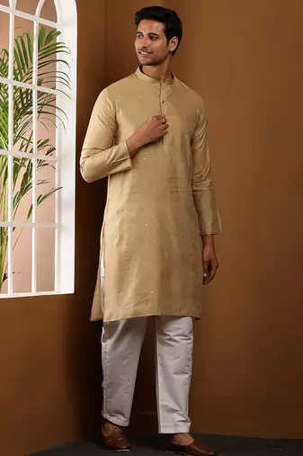 Men's beige jacquard festive kurta with white churidar