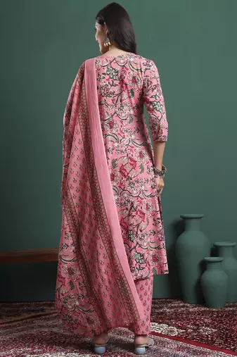 pink floral print maternity a-line kurta trouser dupatta set