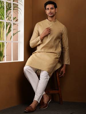 Men's beige jacquard festive kurta with white churidar 3