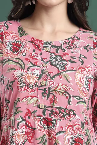 pink floral print maternity a-line kurta trouser dupatta set