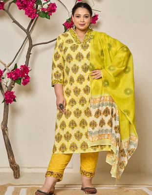 yellow ethnic motifs sequins work straight plus size kurta trouser dupatta set 1