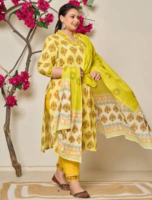 yellow ethnic motifs sequins work straight plus size kurta trouser dupatta set 2