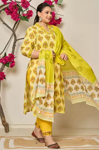 yellow ethnic motifs sequins work straight plus size kurta trouser dupatta set