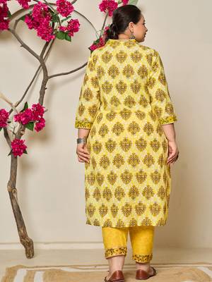 yellow ethnic motifs sequins work straight plus size kurta trouser dupatta set 3