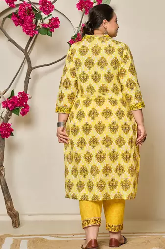 yellow ethnic motifs sequins work straight plus size kurta trouser dupatta set