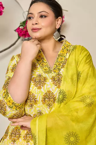 yellow ethnic motifs sequins work straight plus size kurta trouser dupatta set