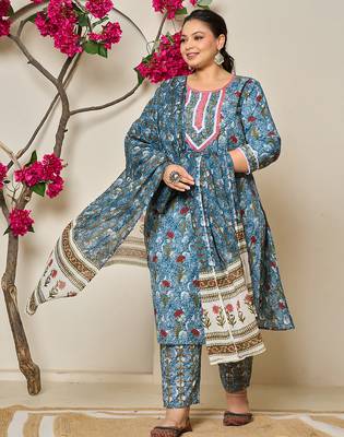 grey cotton straight plus size kurta dupatta pant set 1