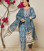 grey cotton straight plus size kurta dupatta pant set