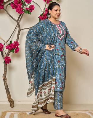 grey cotton straight plus size kurta dupatta pant set 2