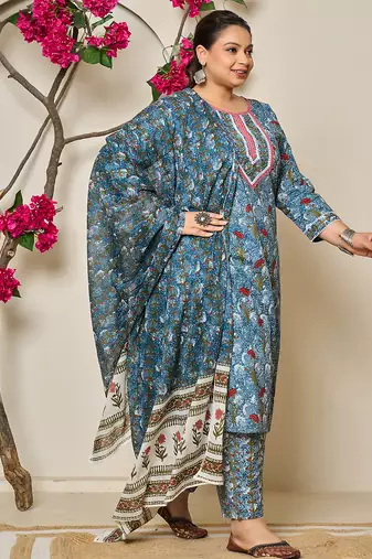 grey cotton straight plus size kurta dupatta pant set