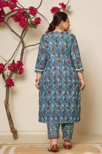 grey cotton straight plus size kurta dupatta pant set