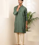 Men's green self-design silk blend kurta with beige churidar
