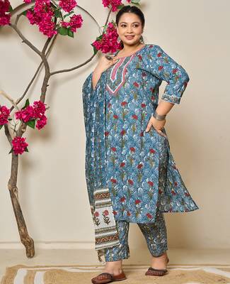 grey cotton straight plus size kurta dupatta pant set 5